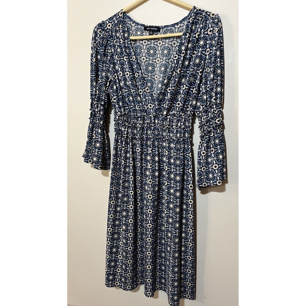 MAX EDITION MEDALLION 3/4 BELL SLEEVE EMPIRE STRECH WAIST KNIT DRESS BLUE XL